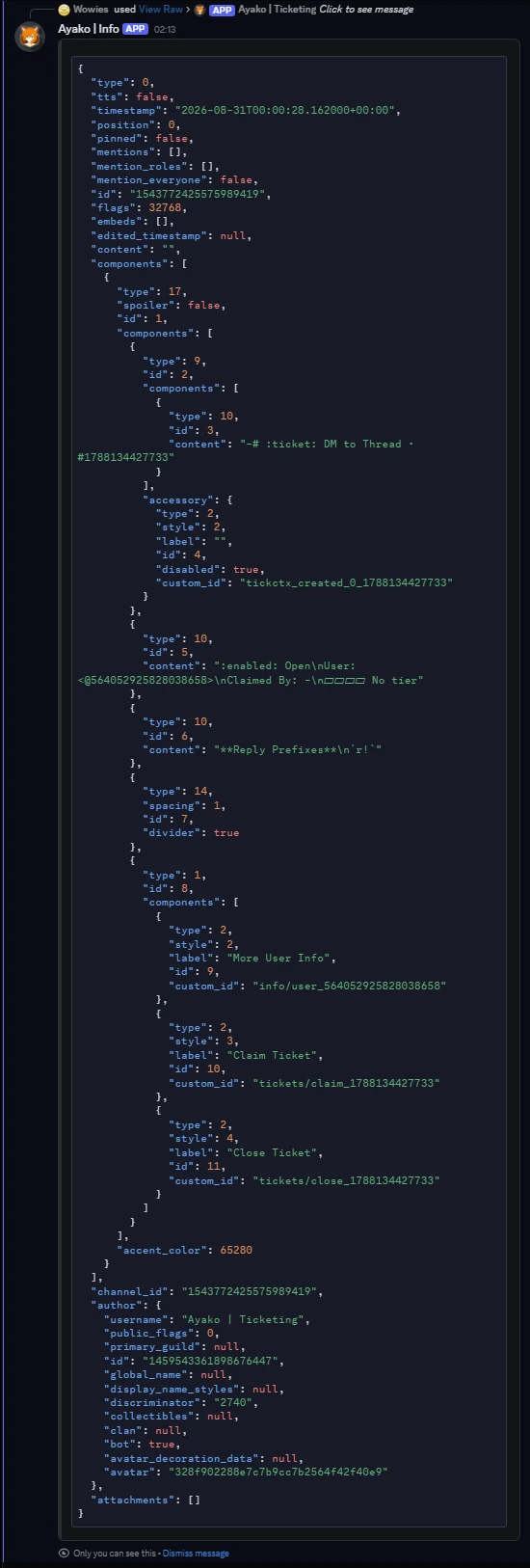 The View Raw output in Discord, showing one message as raw JSON: its id, timestamp, flags, components and author.